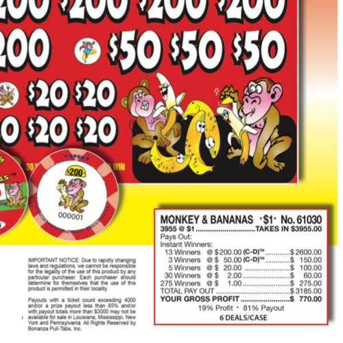 Pull Tab Tickets - Chip - Game - Monkeys and Bananas - 3,955 ct