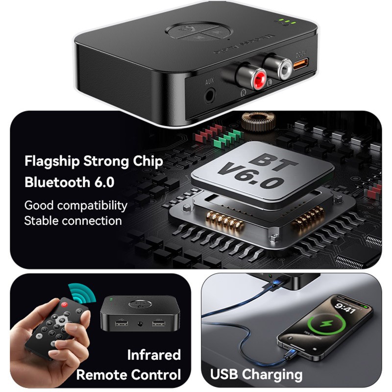 Bluetooth 6.0 Car Home Stereo Audio Receiver 3.5mm AUX USB Music to RCA Adapter