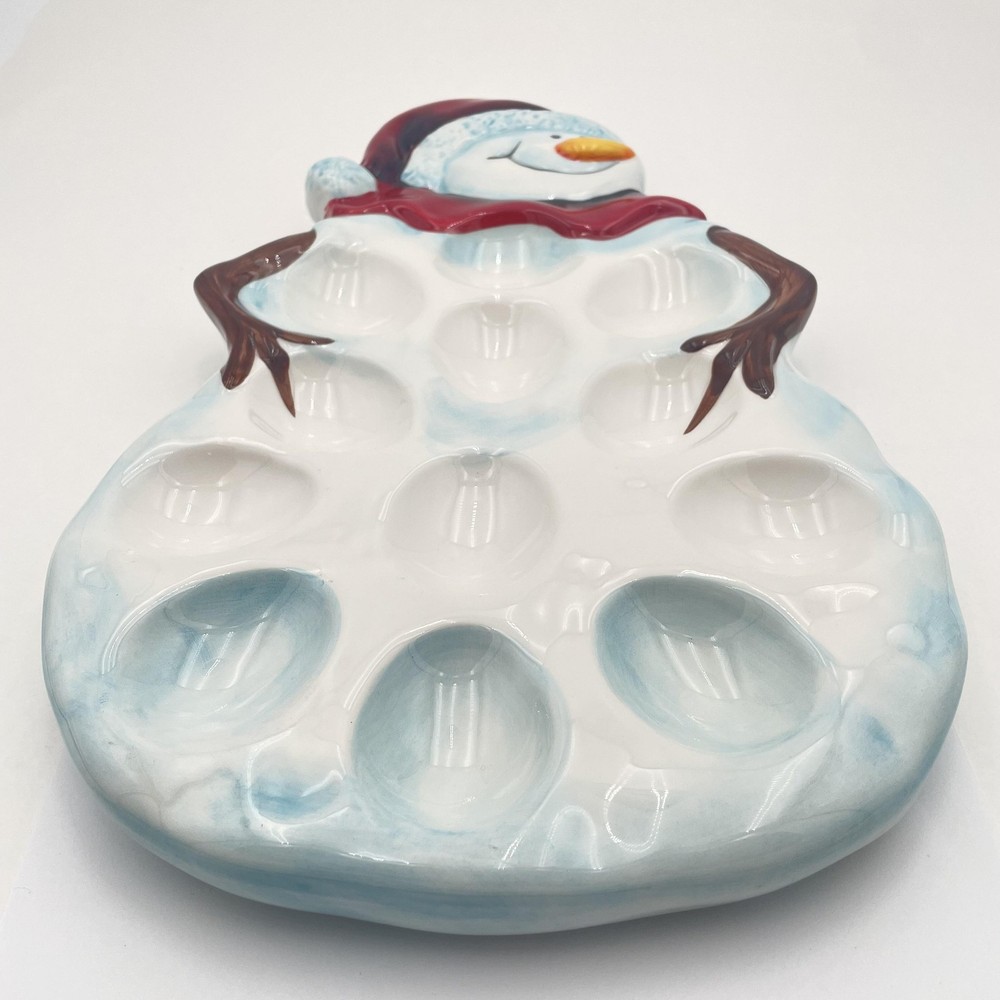 Tabletops Gallery Snowman Deviled Egg Platter Large Ceramic Christmas Multicolor