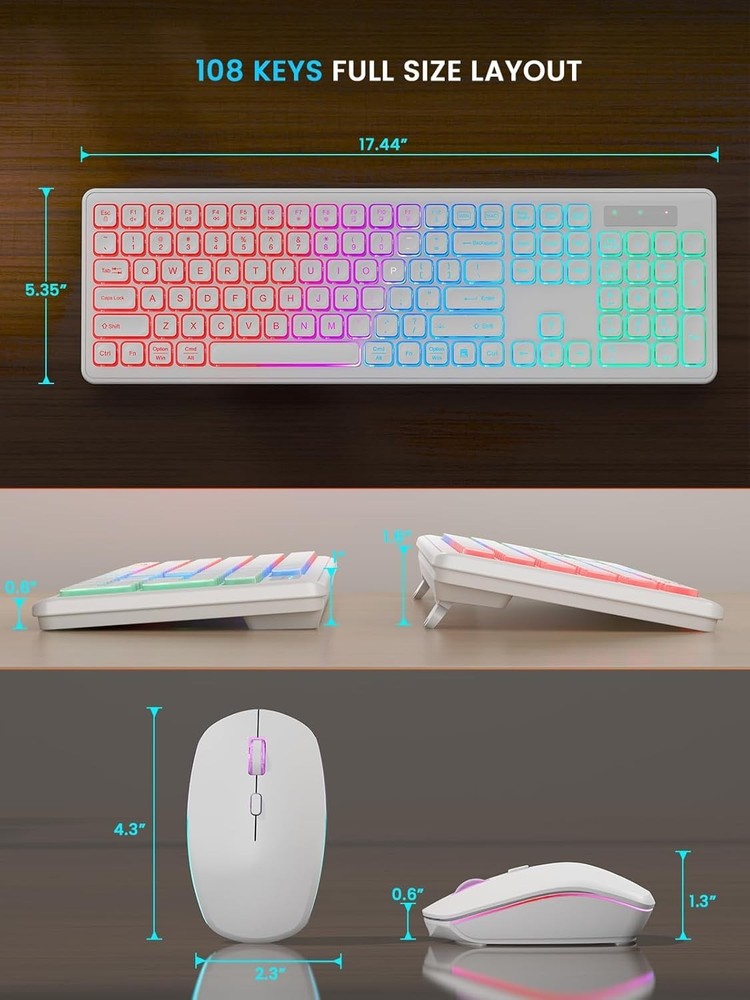 Wireless Backlit Keyboard & Mouse – Quiet, Rechargeable, USB, White Combo