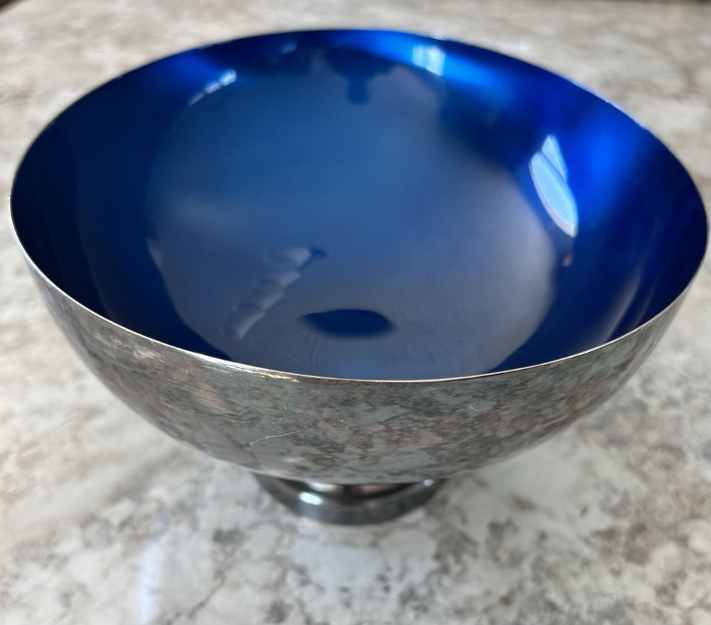 VTG. Wallace Color Clad Oval Bowl Deep Blue Interior MCM Silver Played