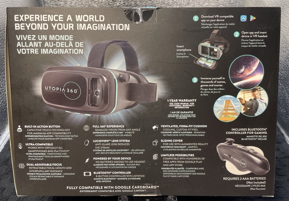 Utopia 360 Virtual Reality 3D VR Headset + Bluetooth Controller NEW Sealed