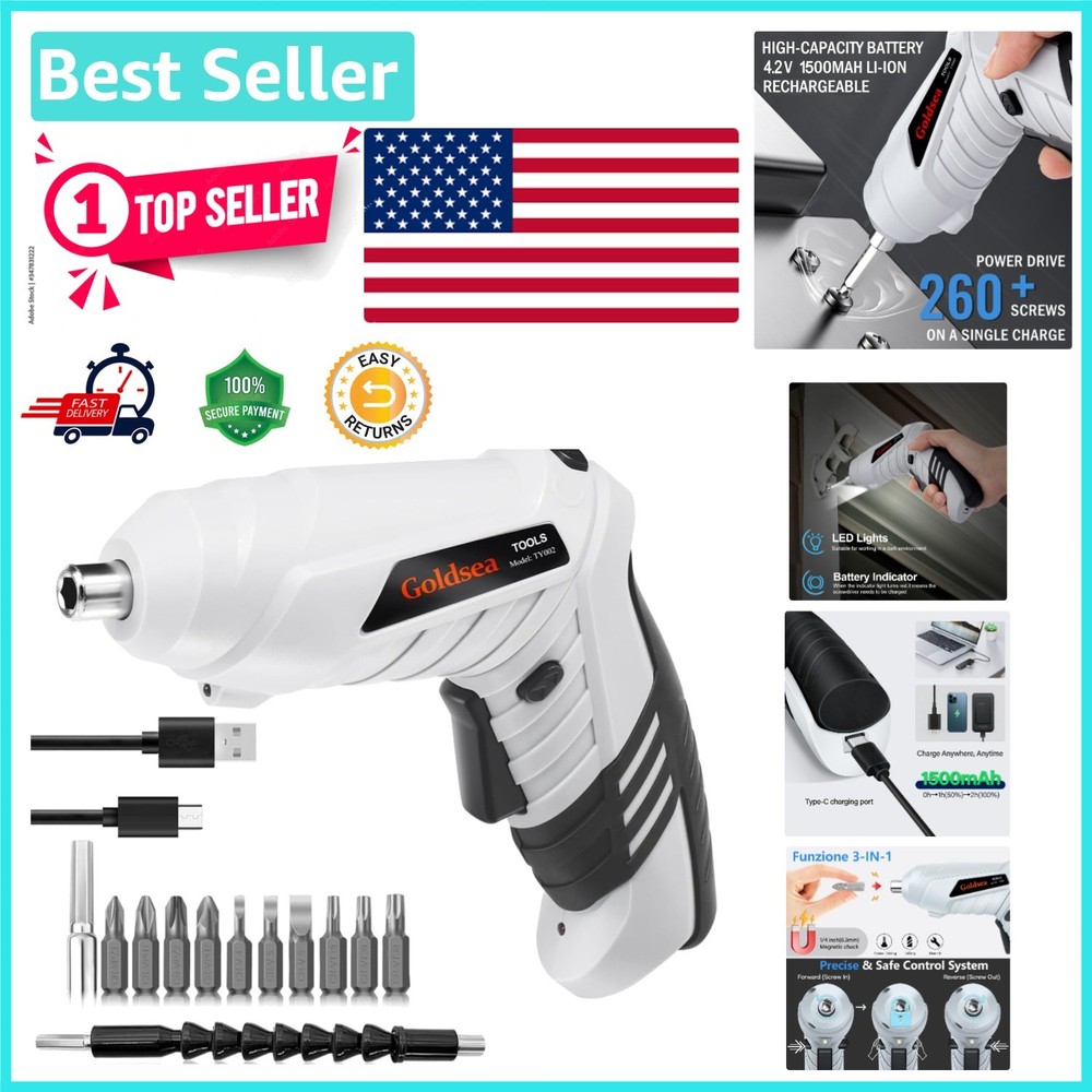 Cordless Electric Screwdriver 4.2V with Adjustable Handle & 10 Magnetic Bits