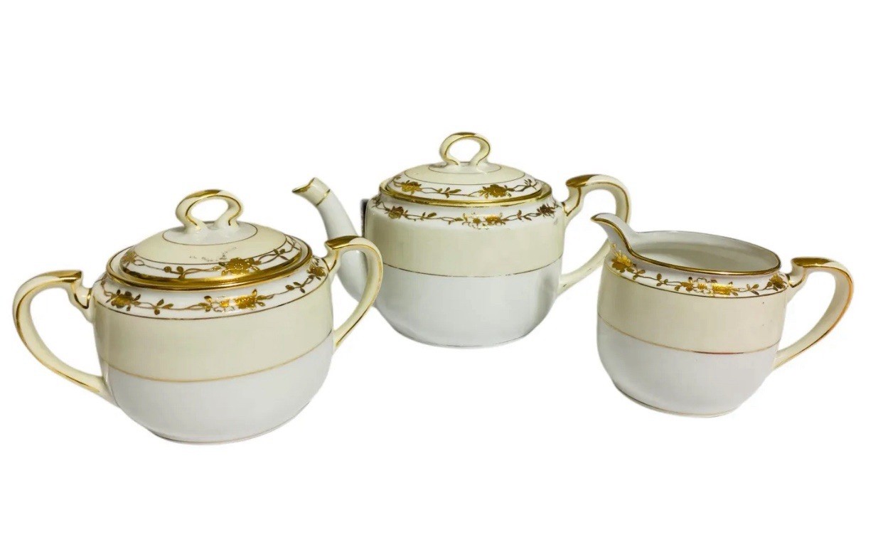 Handpainted Nippon Teapot Lid Creamer Sugar Bowl Lid Beige Gold Gilt Trim Floral
