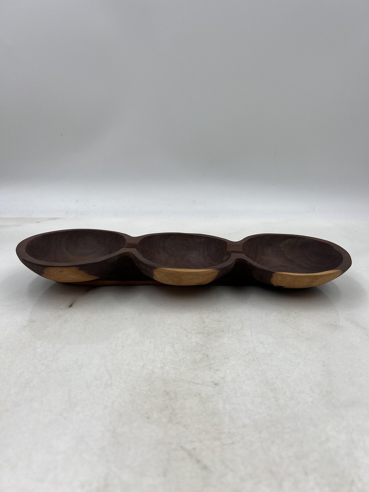 Handmade Solid Wood 3 Section Serving Tray Snack Dish Bowl Rustic Decor 12" Long