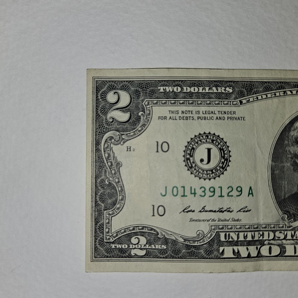 2013 $2 Dollar Bill Note Miscut/ Misaligned Error LOW SERIAL NUMBER #J01439129A