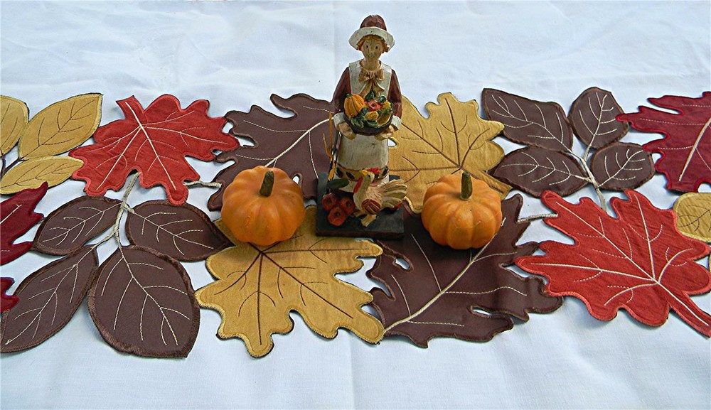VIBRANT FALL COLORED LEAVES OPEN CUT-WORK 13" BY 38" TABLE RUNNER
