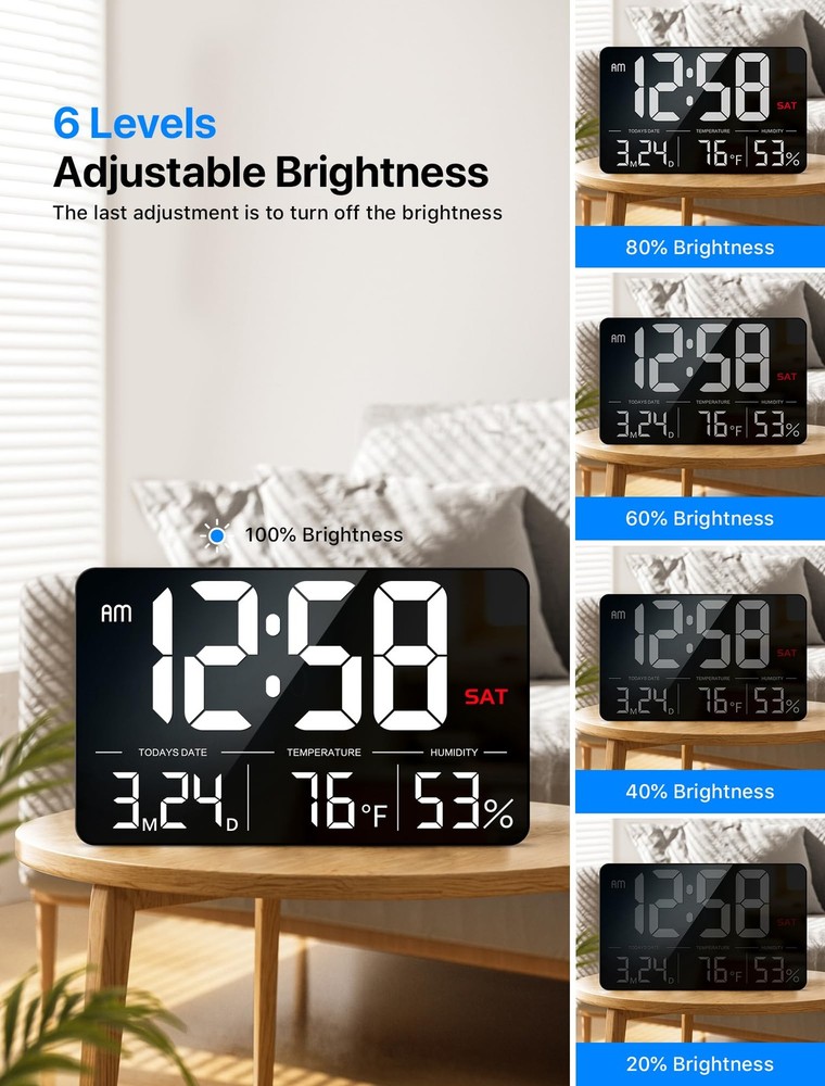 Digital Clock,13" Large Display Digital Wall Clock, Adjustable Brightness Cal...