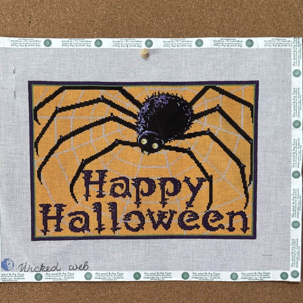 Wicked Web Halloween Needlepoint canvas kitted with with Thread & Stitch Notes