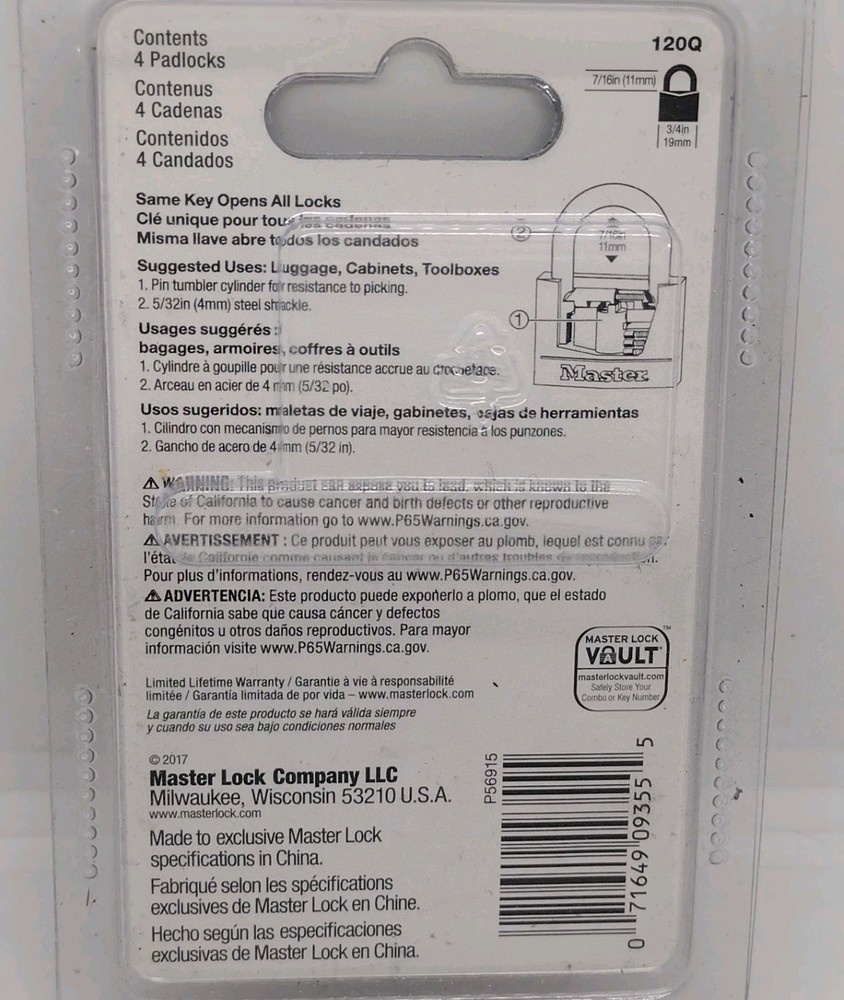 4 pack KA Padlocks Master Lock Body width 3/4" Cabinet Solid Brass 2 keys 120Q