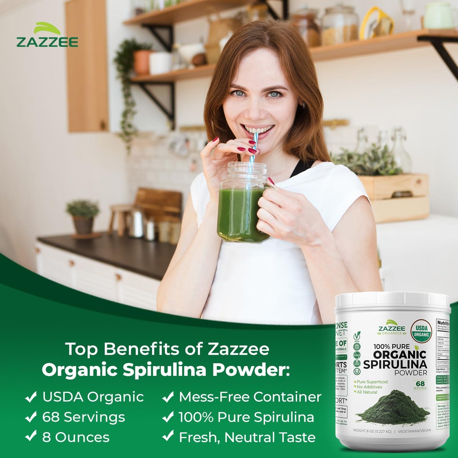 Zazzeze USDA Organic Spirulina Powder, 8 Ounces, 68 Servings, 100% Pure, Kosher