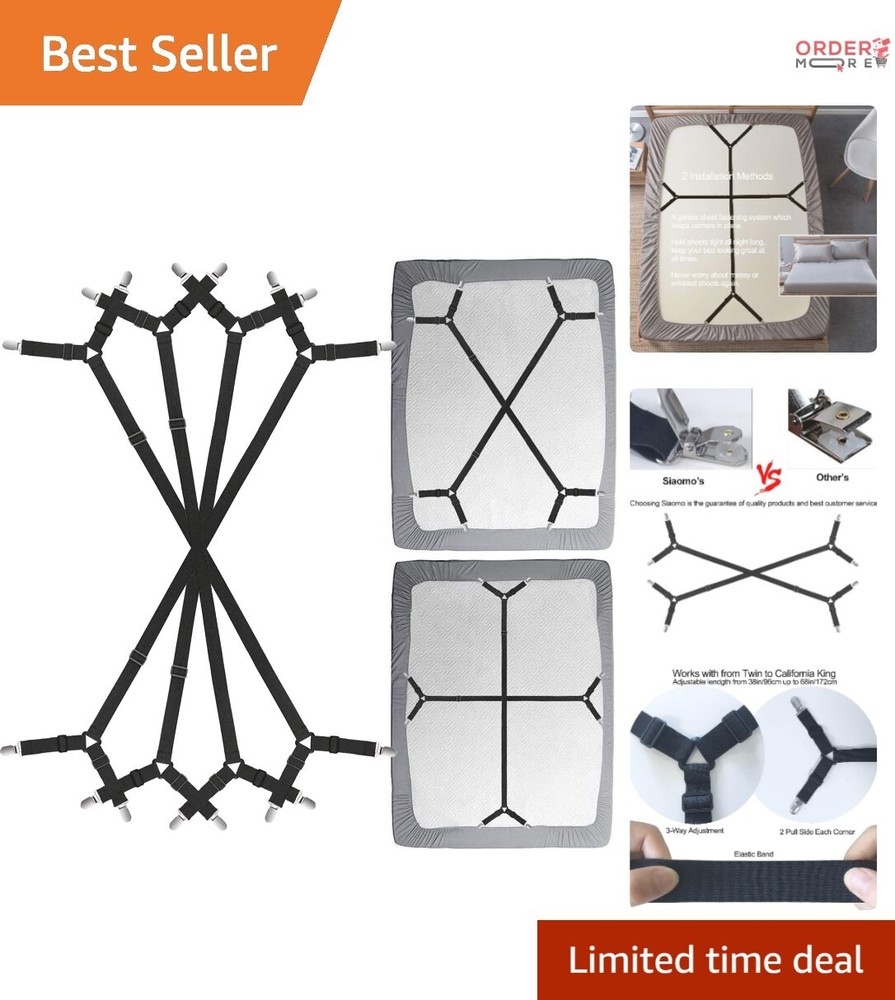 Bed Sheet Clip Straps Adjustable Elastic Gripper for Fitted Sheets 4 Pcs Black