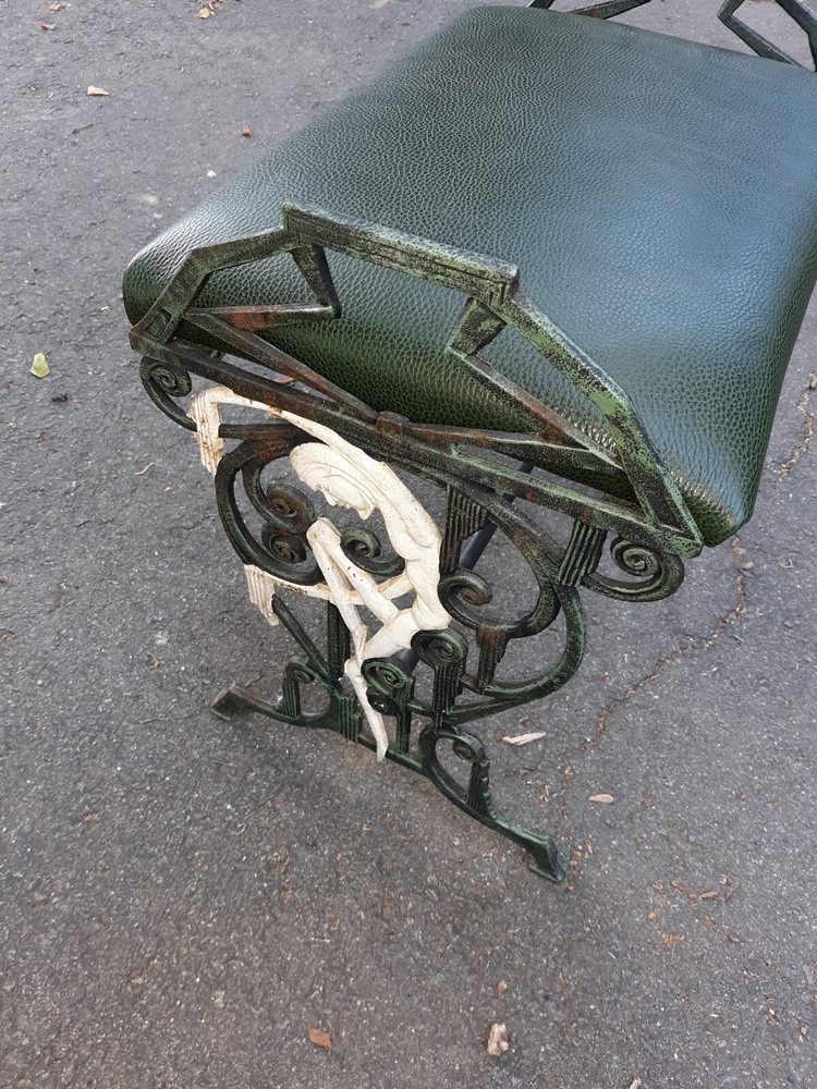 Art Deco Cast Iron And Leather Bench Stool
