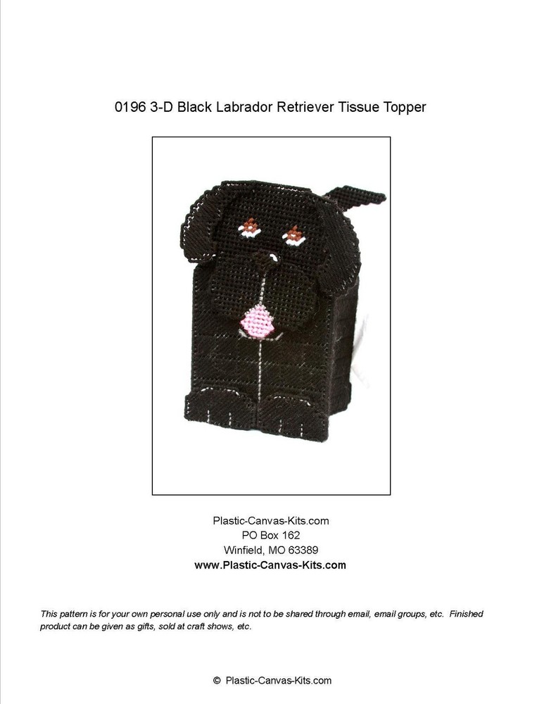 Black Labrador Retriever 3-D Dog Tissue Topper-Plastic Canvas Pattern or Kit