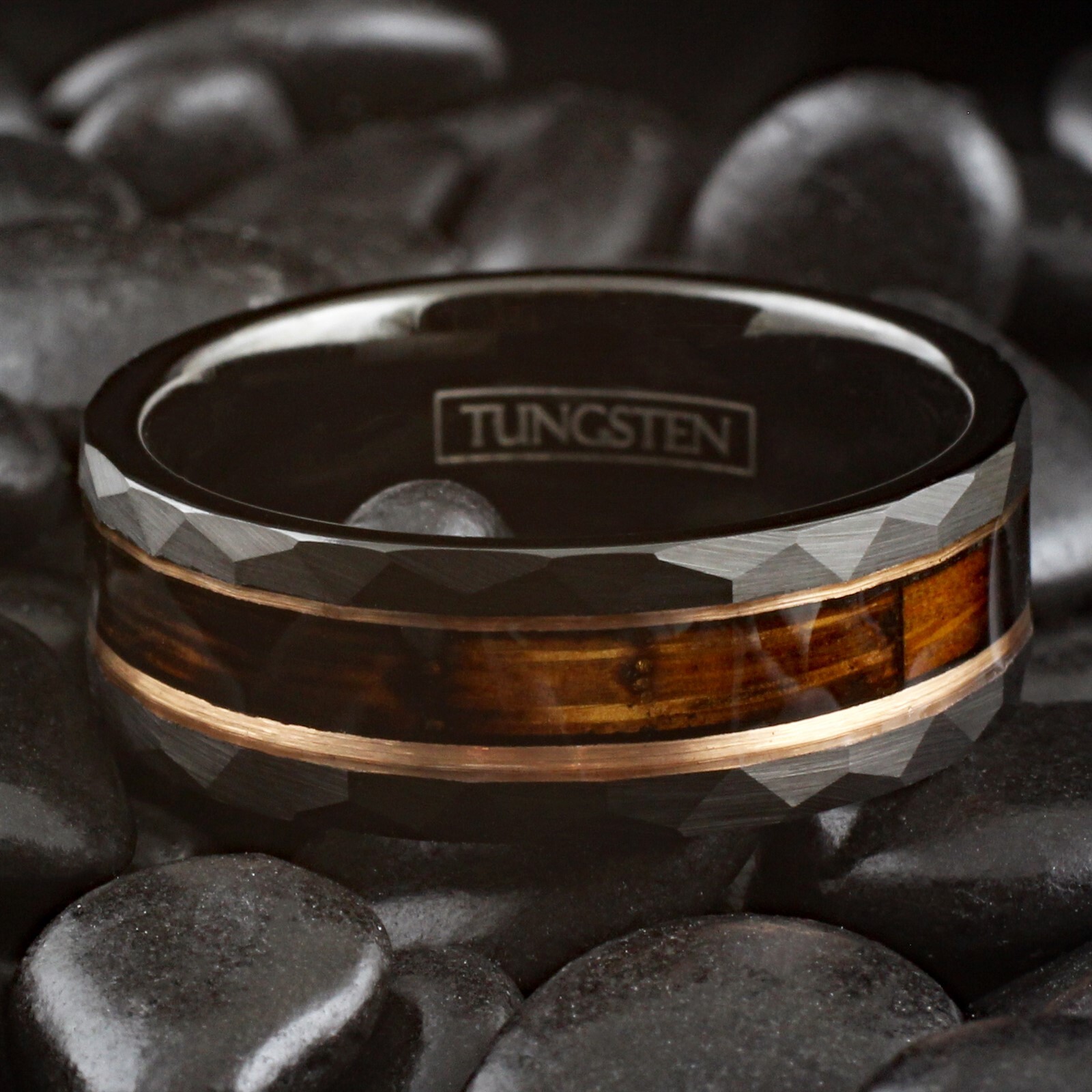 Black Tungsten Men's Ring Charred Whiskey Barrel Rose Gold Plated Wedding Band