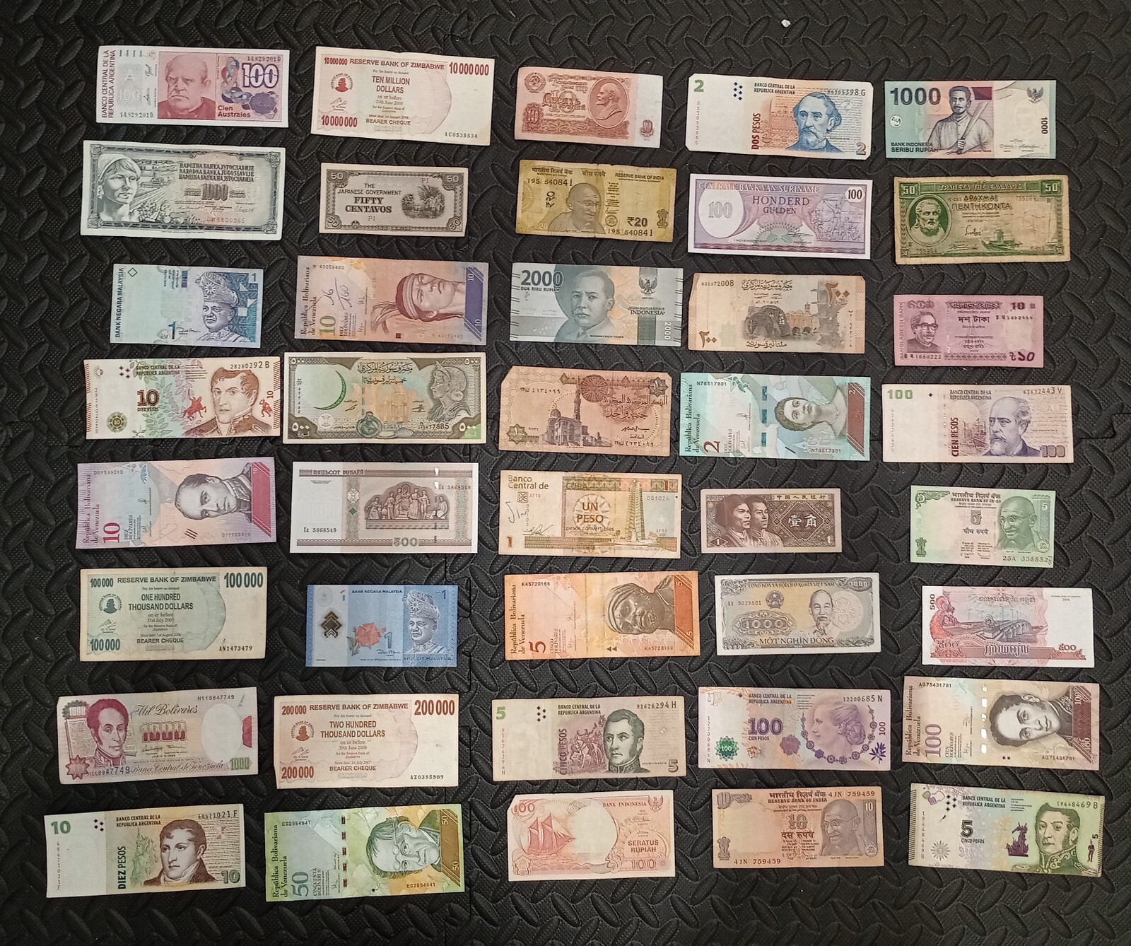 Circulated Lot of 40 Foreign Banknotes World Paper Money Collectible Currency