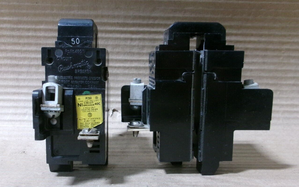 LOT OF 2 Pushmatic P250 2 Pole 50 Amp 240V Circuit Breaker w/ Shield and Tabs