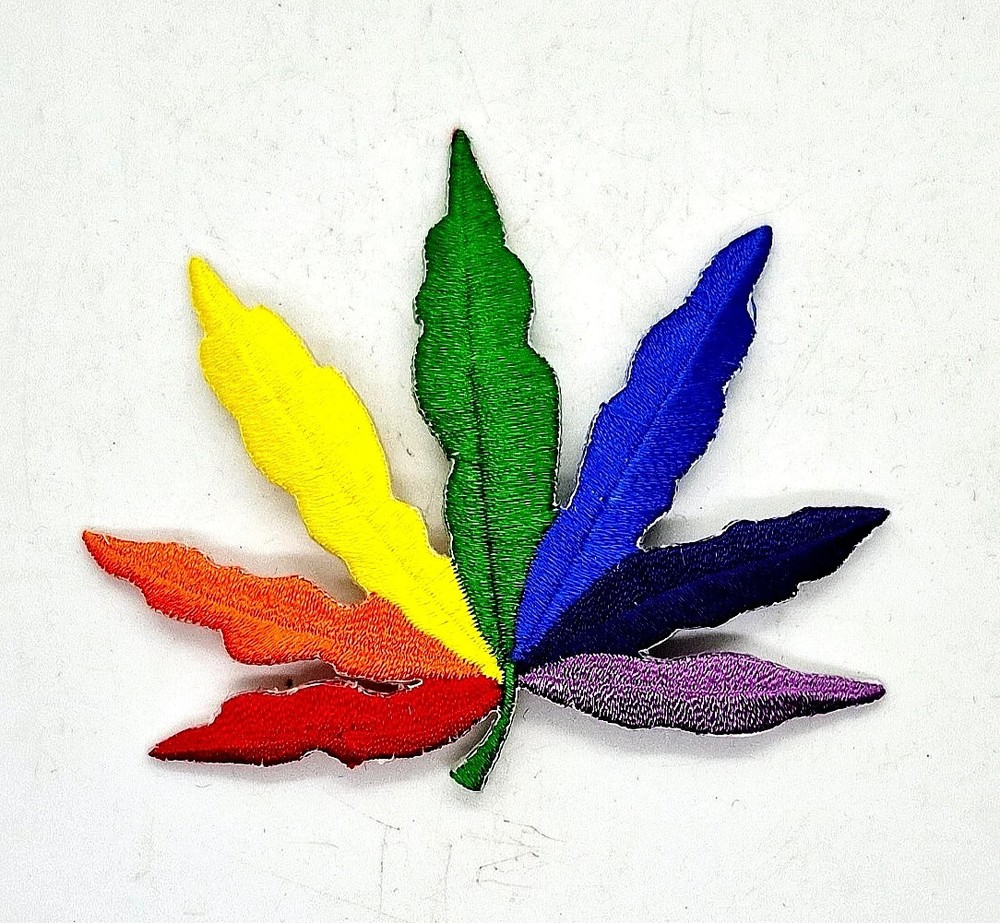 Rainbow Colored Pot Leaf  Iron-On  Embroidered 3 1/4 "X 2 3/4"