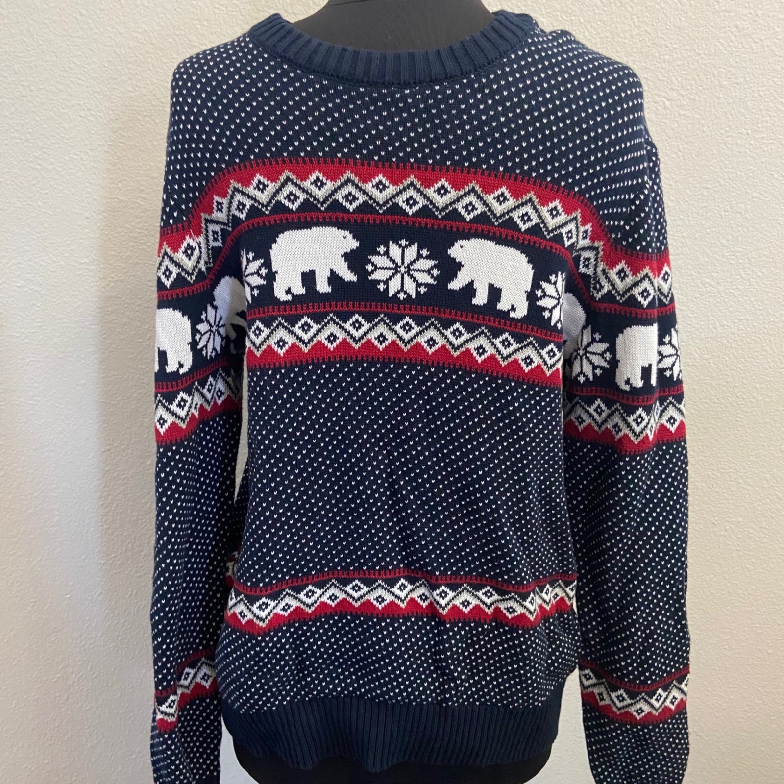 Aspen Mens Medium Polar Bear Christmas Sweater Navy Blue Red White Fair Isle