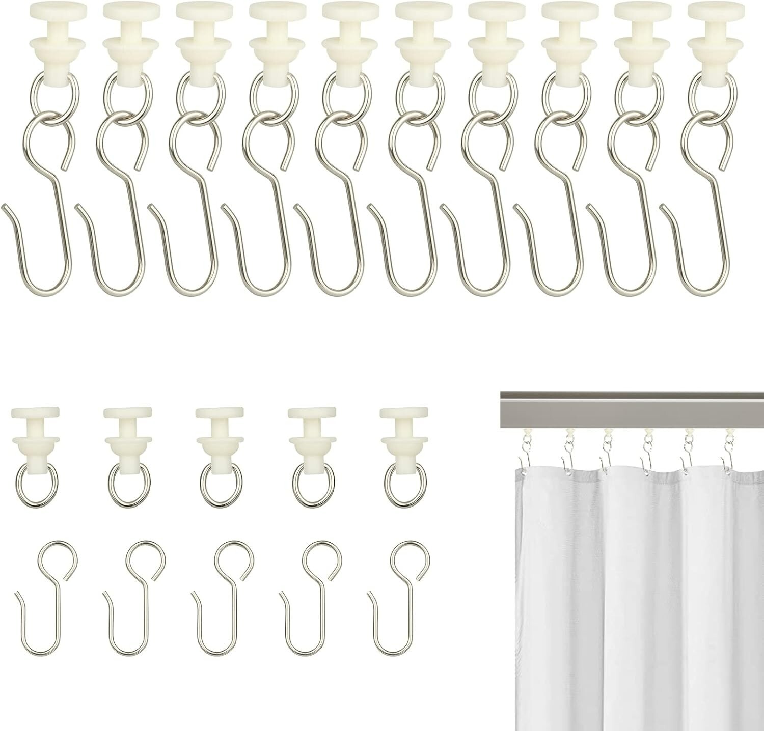 80 Pcs Curtain Hooks and Gliders Window Curtain Bathroom Shower Stainless Steel