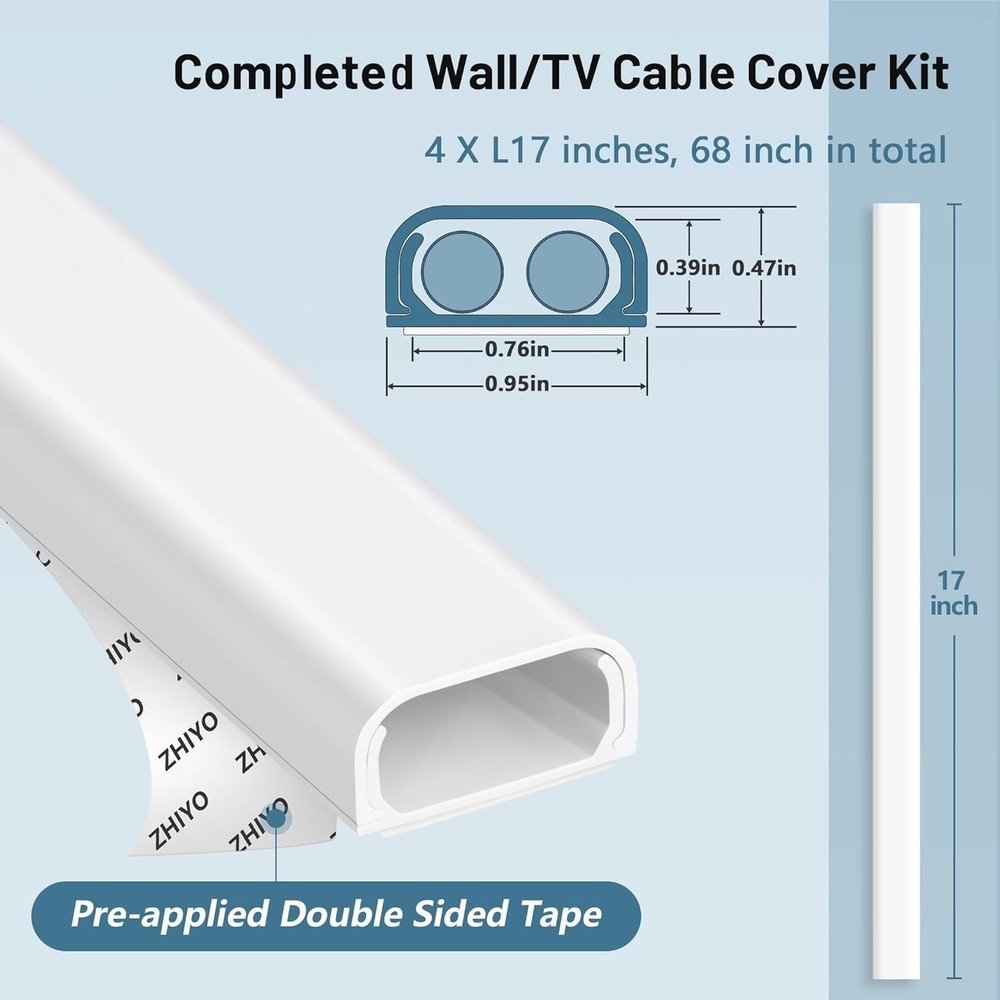 Self-Adhesive Cable Raceway for Safe & Neat Wall-Mounted TV Setup - 4 Pack