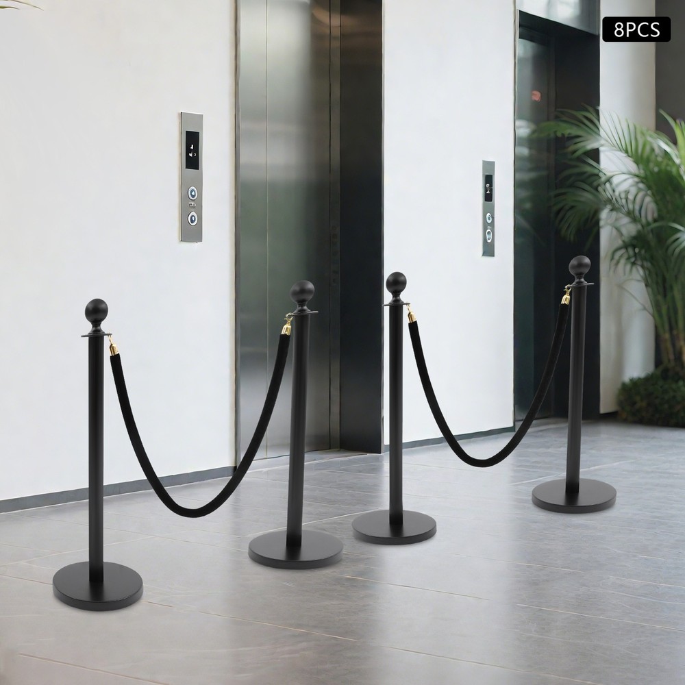 8 PCS Black Stanchion Posts Queue Pole with 4 1.5M Ropes Crowd Control Barrier