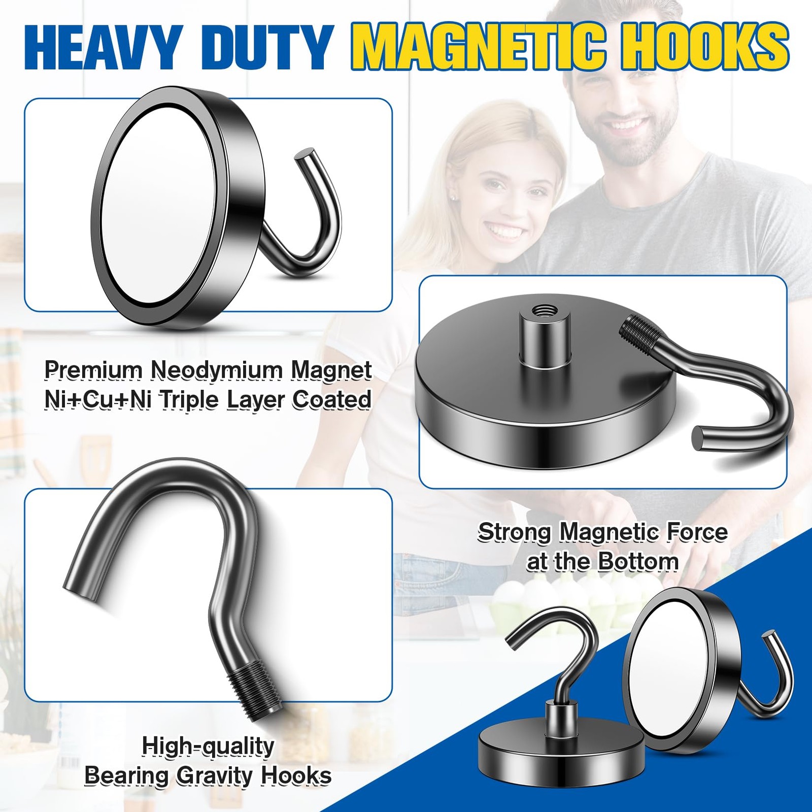 4 Pack 110 Lbs Magnetic Hooks Heavy Duty Neodymium Magnet Hook, Strong Magnetic