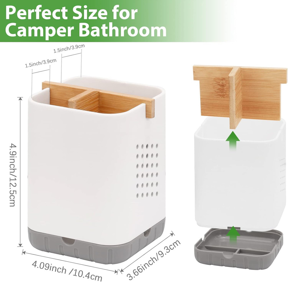Toothbrush and Toothpaste Holder with Bamboo Divider for Bathroom Countertop Org