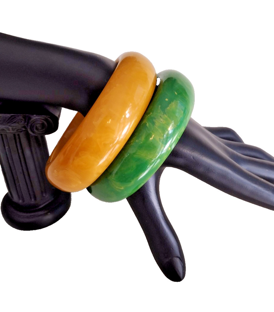 2 Vintage Bakelite Bangles Thick Marbled  Spinach Green Corn  Yellow 104 grams