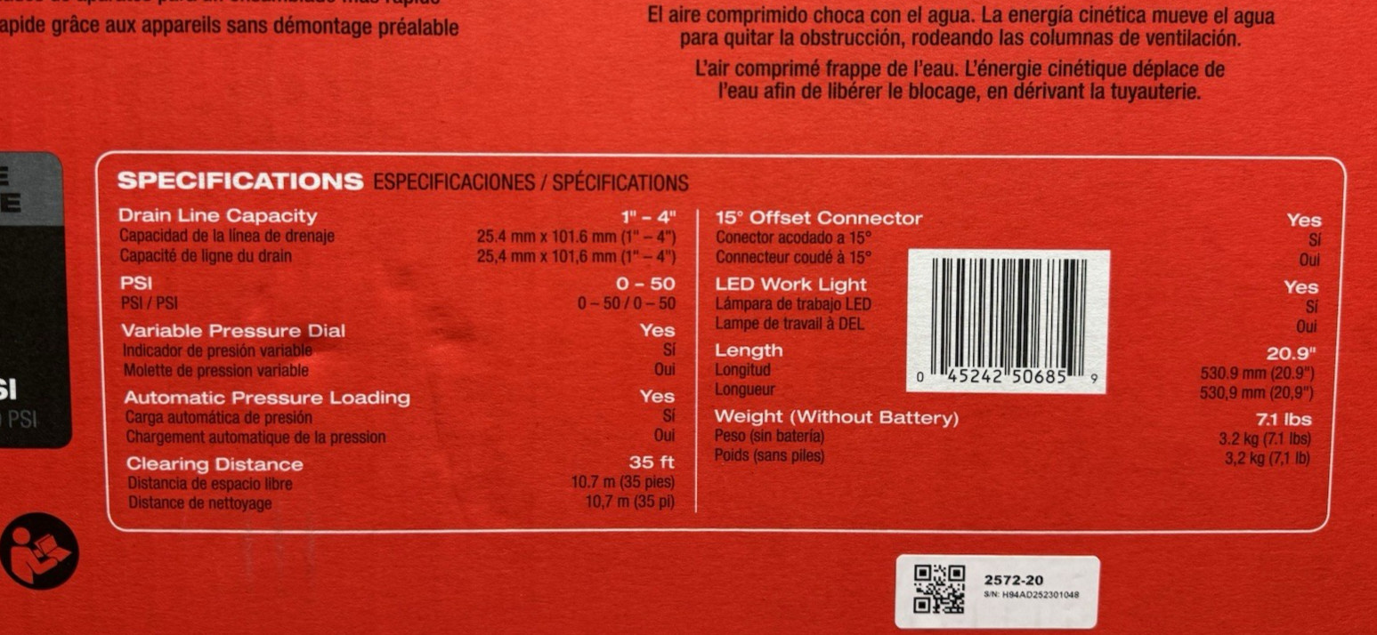 Milwaukee 2572B-21 - M12 12V Airsnake Drain Cleaning Air Gun Kit w/ Attachments