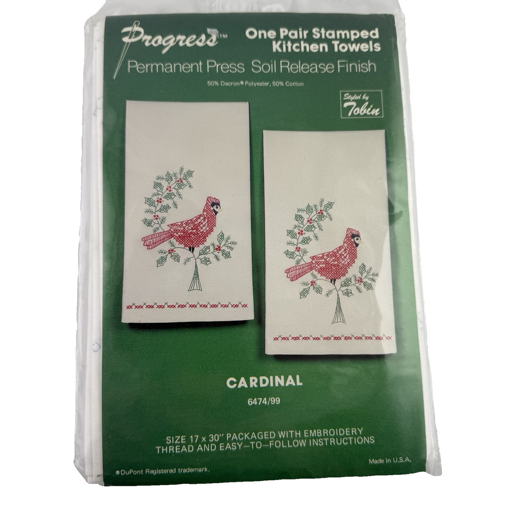 Progress One Pair Stamped Kitchen Towels Kit Cardinal 6474/99