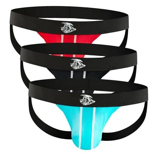 Real Men Nylon Mesh Jockstrap 3 Medium D Pouch 3 Pack - Black/Light Blue/Red
