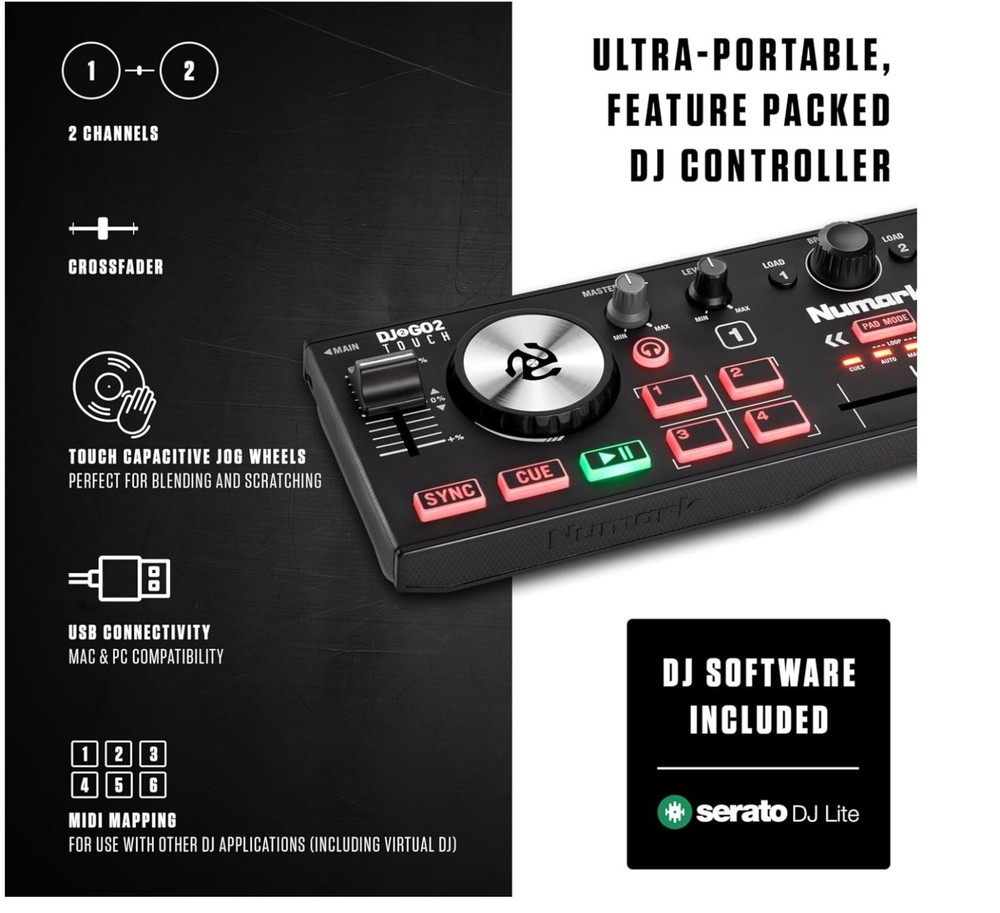 Numark DJ2GO2 Touch Pocket Double Deck DJ Controller - Black