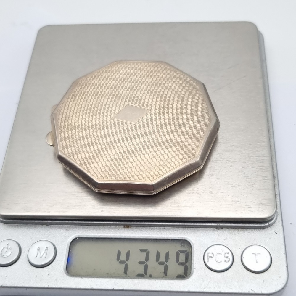 Antique Powder Compact Solid Silver Hallmarked Turner & Simpson 1920 Decagon