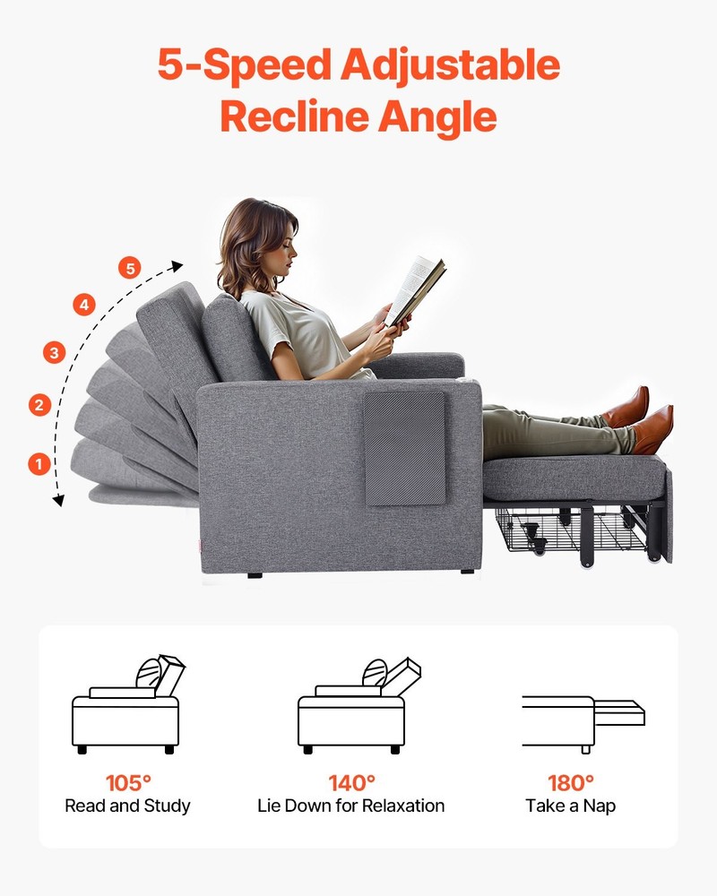 HOT/ Sleeper Sofa Bed,Convertible Sleeper Bed with Side Pocket,Pillow,Armrest a