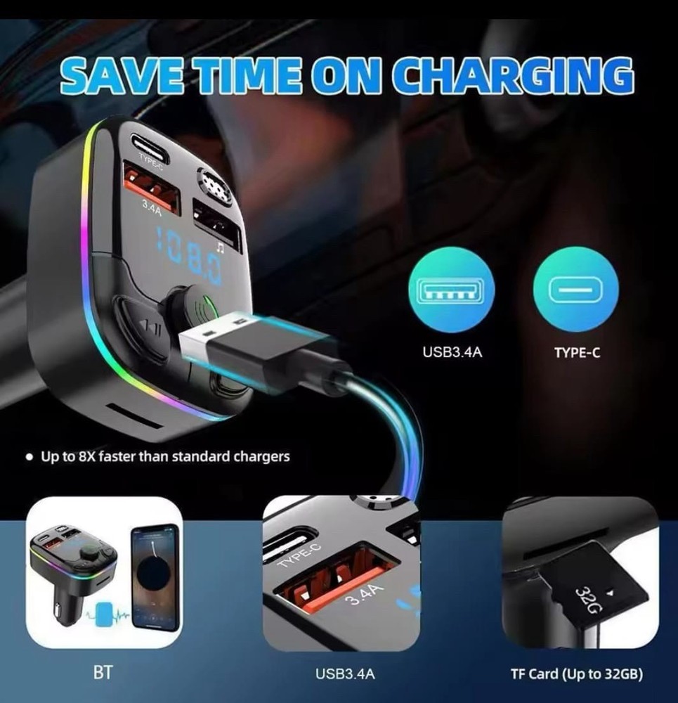 Car Charger FM Transmitter Bluetooth 5.0 PD Type-C Dual USB Ambient Player Hands