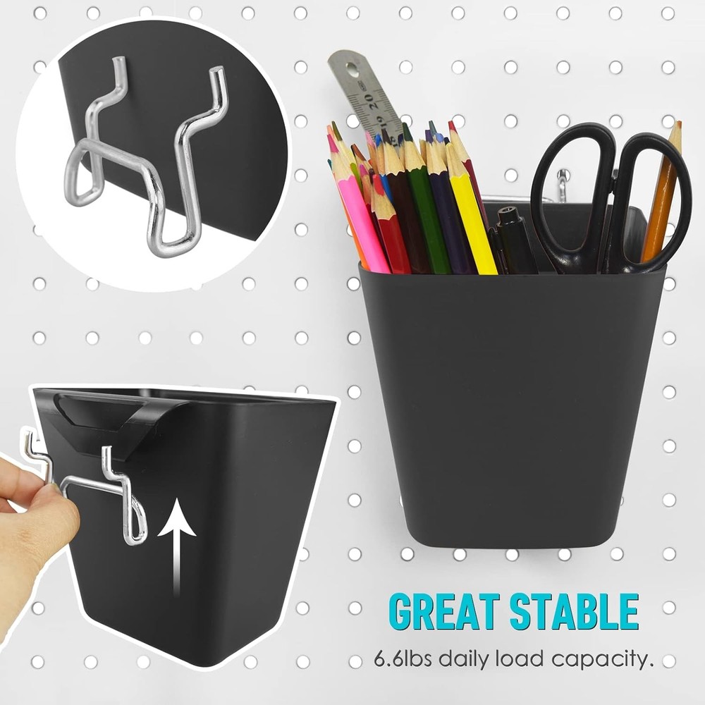 G.CORE Large Pegboard Cups Peg Board Storage Bin 6 Pack with Hooks, Black