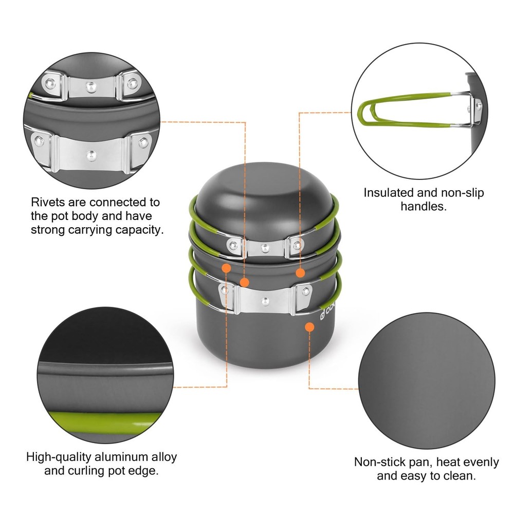 Odoland 16pcs Camping Cookware Mess Kit, Lightweight Pot Black/Silver/Gray