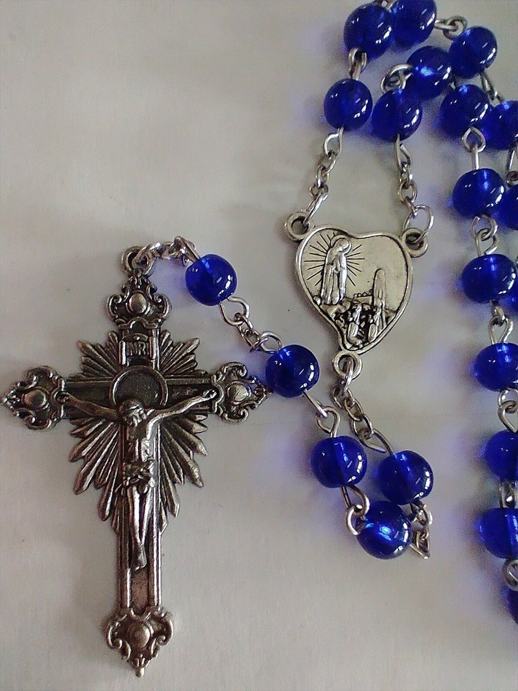 Vintage Catholic Blue Glass Rosary 20"