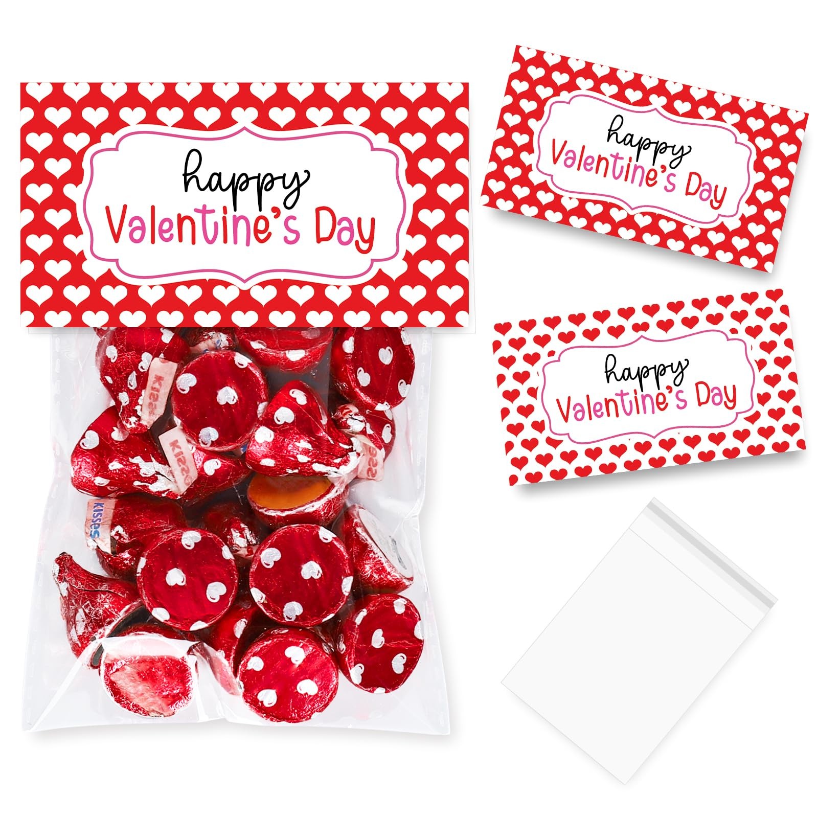 60 Set Valentine's Day Self-Adhesive Goodie Bags Candy Cello Bag with Topper Red