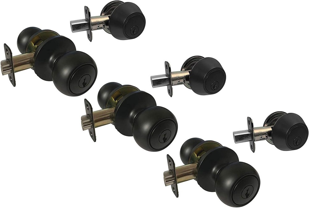 3 Entry Entrance w Deadbolt  Black Door Lock Locks Knob round knobs Same Keyed