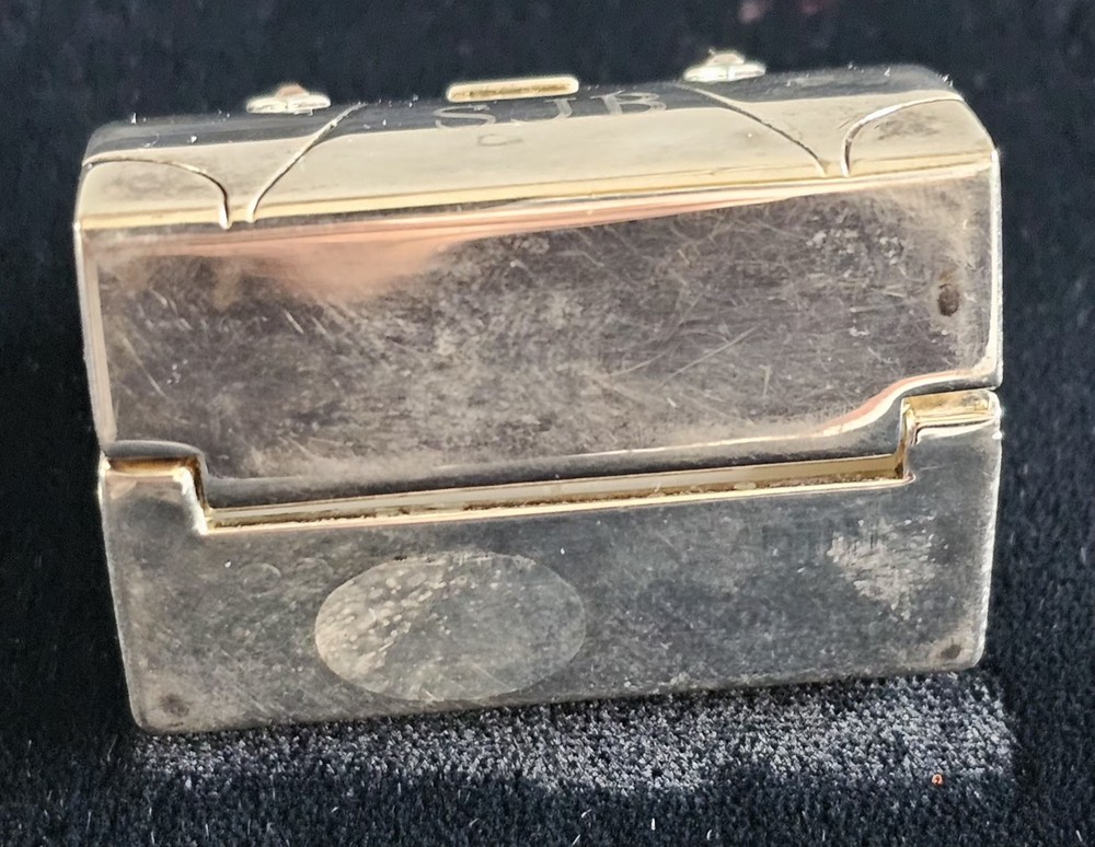 Vintage Silver Tone Mini Suitcase Trinket/Pill Box Red Rhinestones Engraved SJB