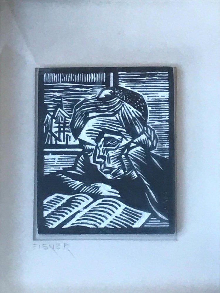 Boy Reading Carved Woodblock Mounted in Shadowbox by Jack Eisner Signed