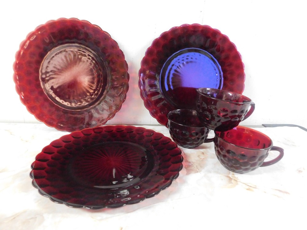 Vintage Royal Ruby Red Bubble Glass Dinner Plates & Cups Set