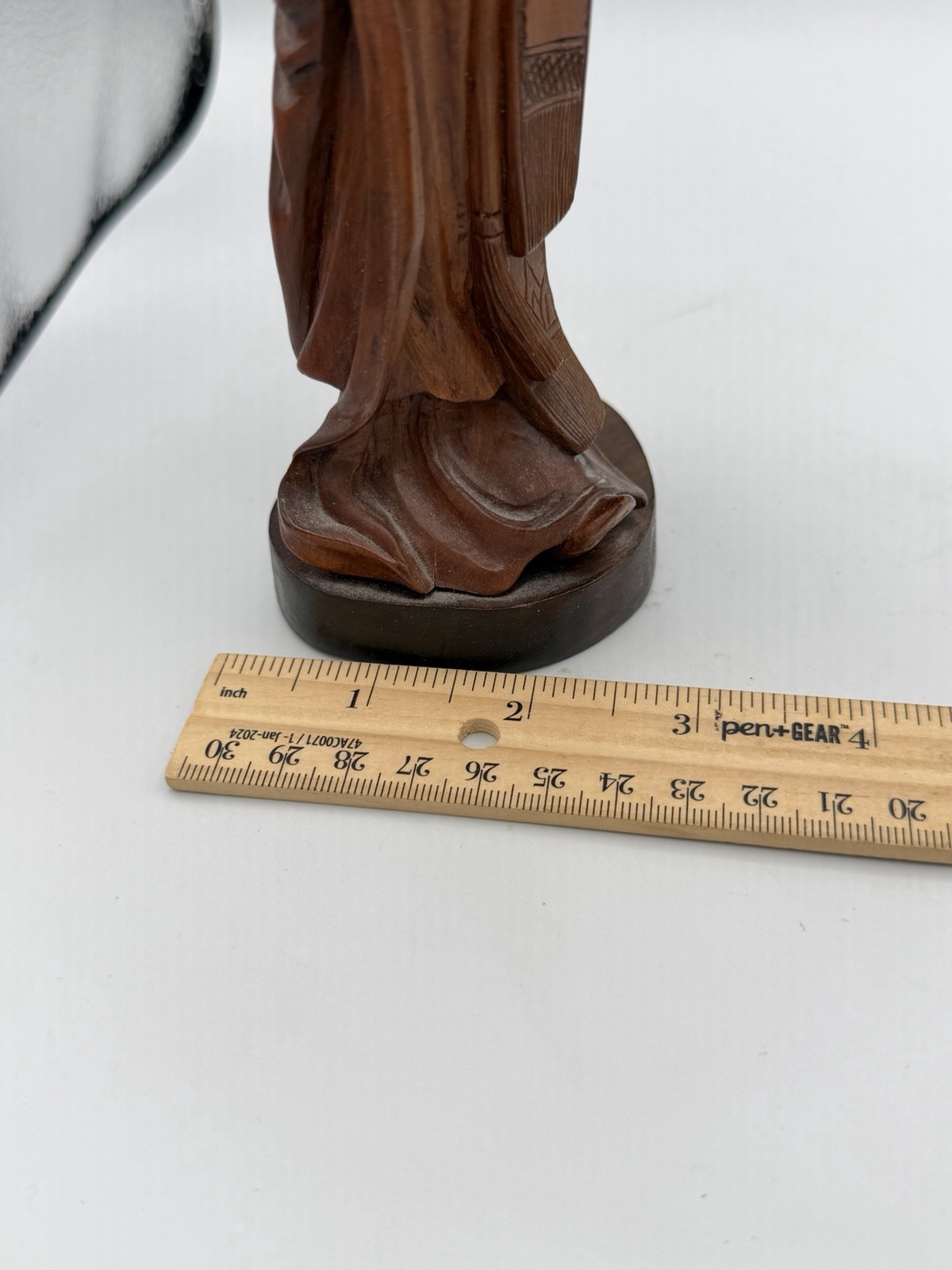 Vintage Hand Carved Wood Geisha Figurine Woman With Fan Asian Statue 9”