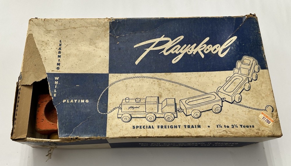 Vintage Playskool Wooden Freight Train Pull Toy - Complete with Original Box
