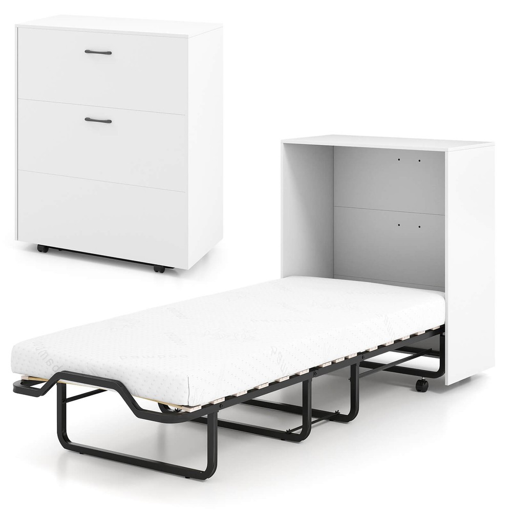 Murphy Bed Cabinet w/Mattress & Lockable Wheels, Folding Bed for Small Space