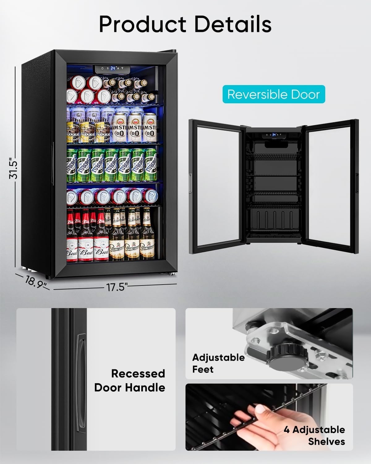 3.2 Cu.Ft Mini Fridge with Glass Door - 126 Can Beverage Refrigerator Cooler ...
