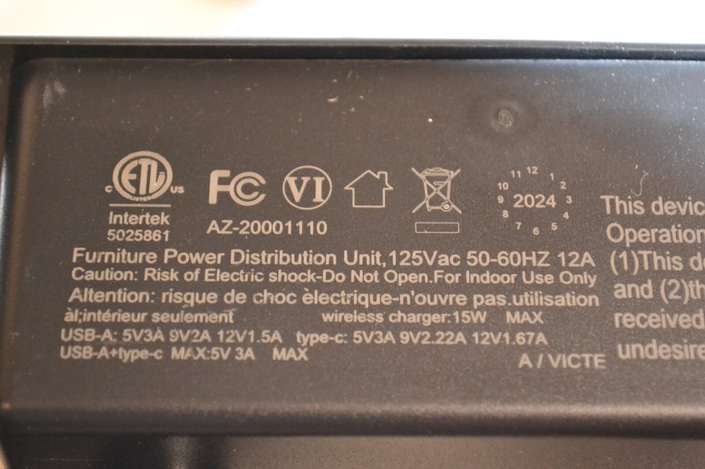 Furniture Power Distribution Unit 2 Outlets, USB, USB-C, & Wireless Charger