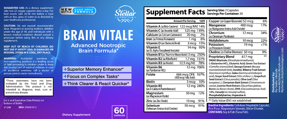 3 Pack Brain Vitale, advanced nootropic brain formula-60 Capsules x3